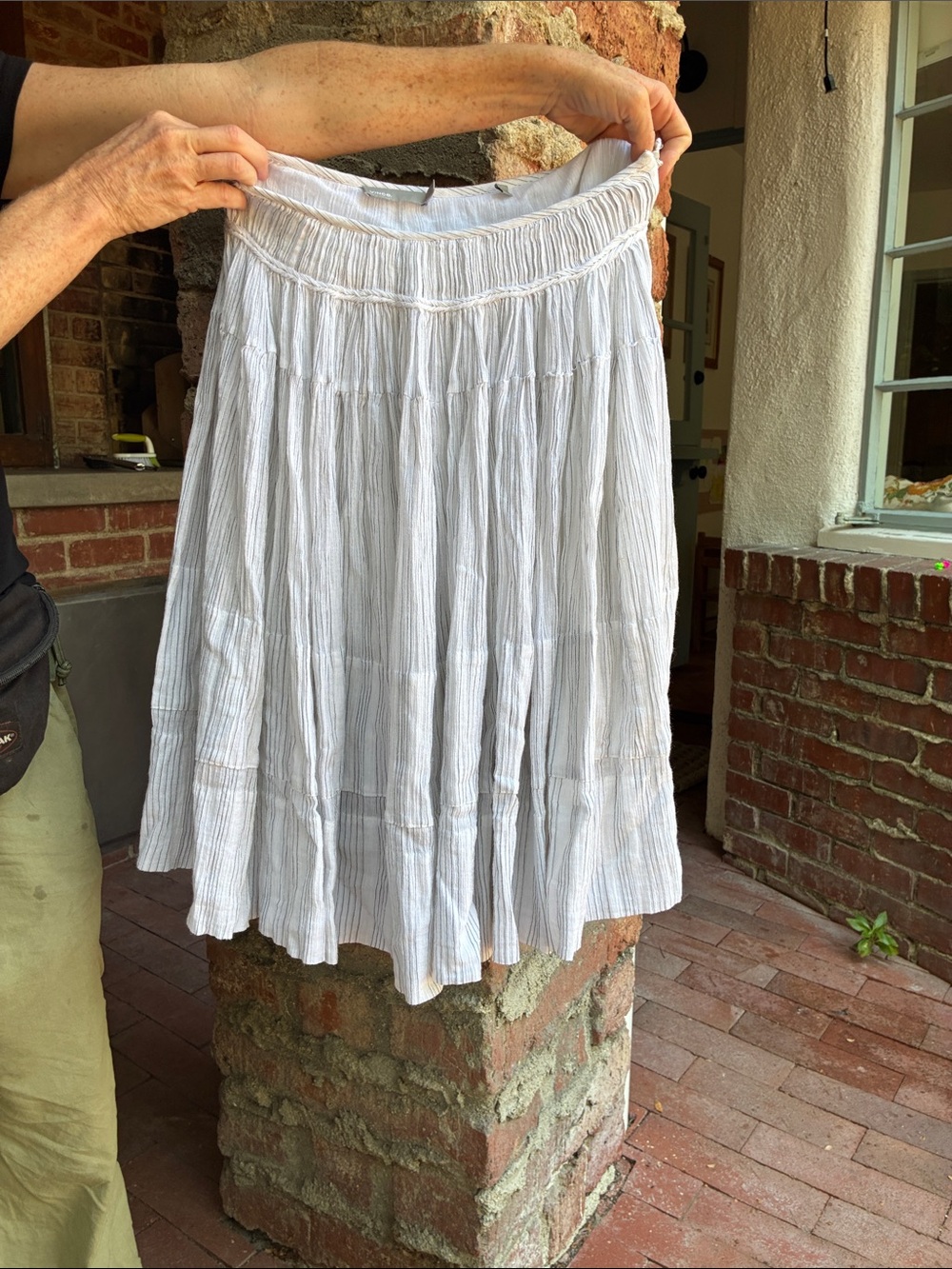 Vince White Tiered Cotton Skirt with Subtle Stripes